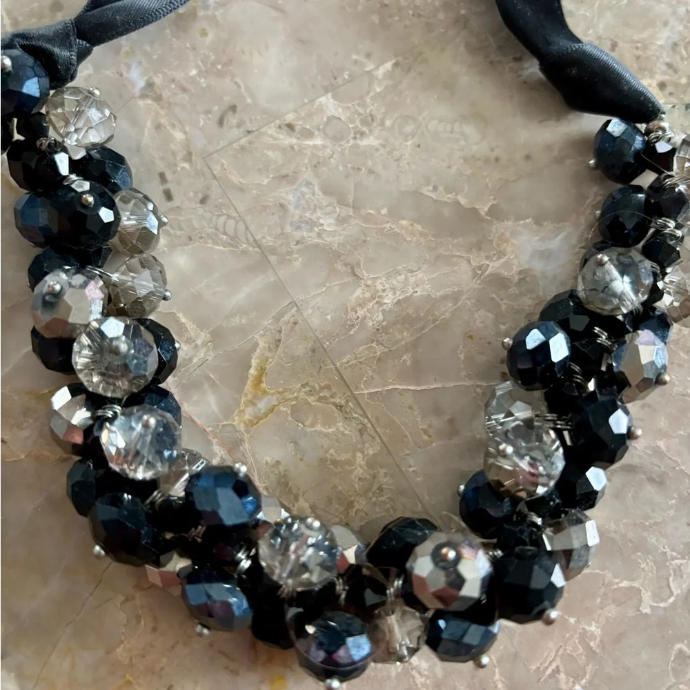 Vintage Ali-Khan New York Beaded Statement Necklace Black Crystal Ribbon